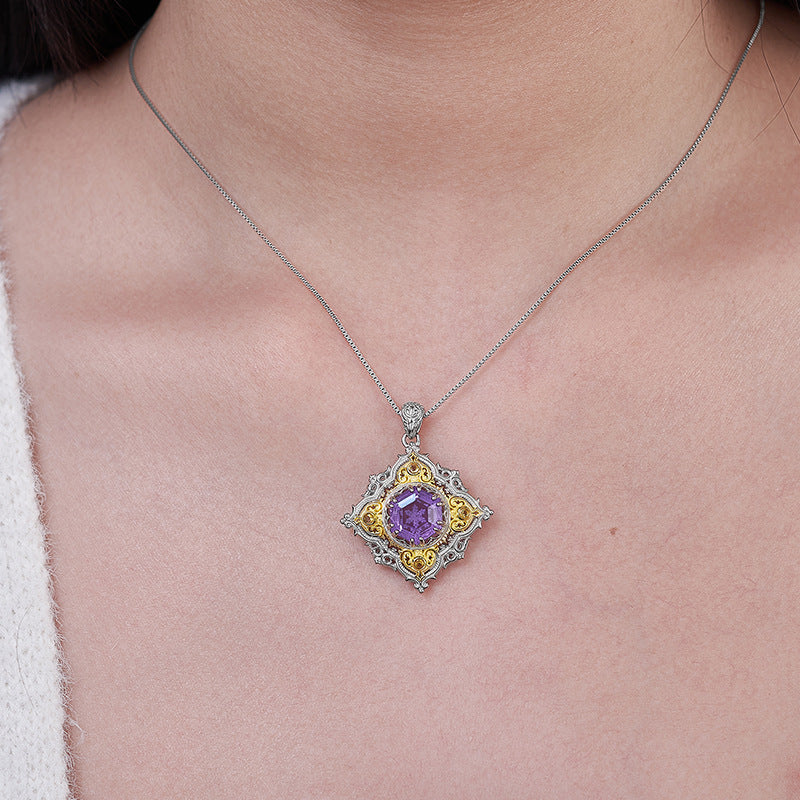 Rhombus Amethyst Pendant - 925 Silver Italian Retro Hollow Pattern - Court Style Necklace