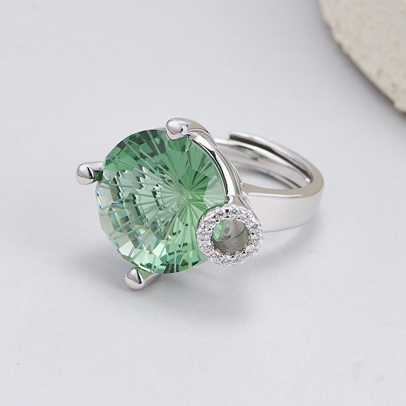 S925 silver light luxury niche design cutting surface round green crystal open ring versatile woman