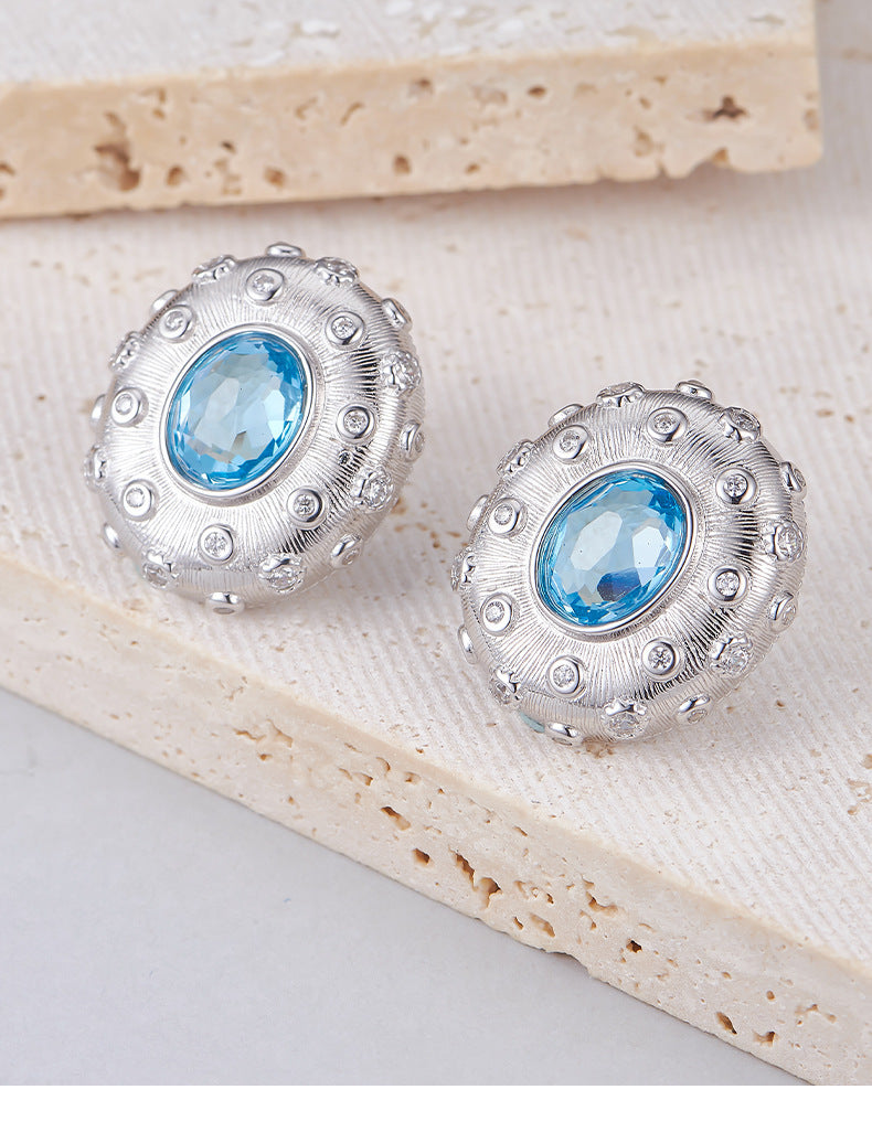925 Sterling Silver Brushed Oval Topaz Ring with Crystals - Court Style Open Ring