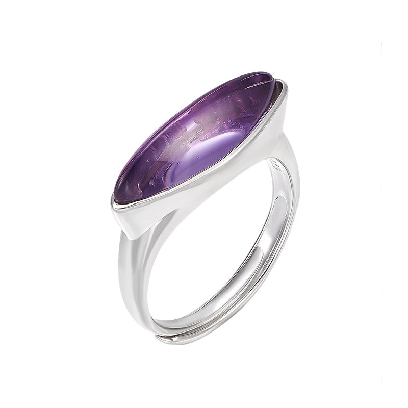Minimalist Amethyst Marquise Ring - Adjustable Sterling Silver Band