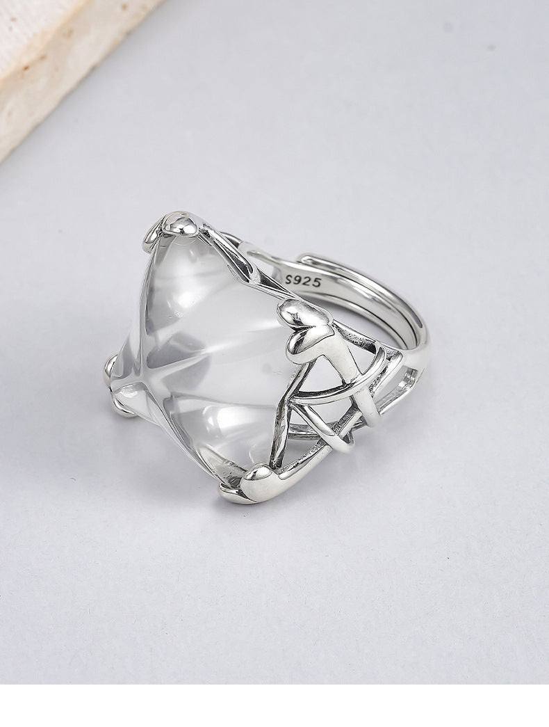 Hollow Geometric Crystal Ring - 925 Silver Large Opening - Exaggerated Index Finger Ring