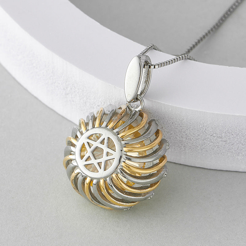 Two-Tone Floral Bud Pendant - 925 Sterling Silver with Yellow Gemstone & Pavé Crystals