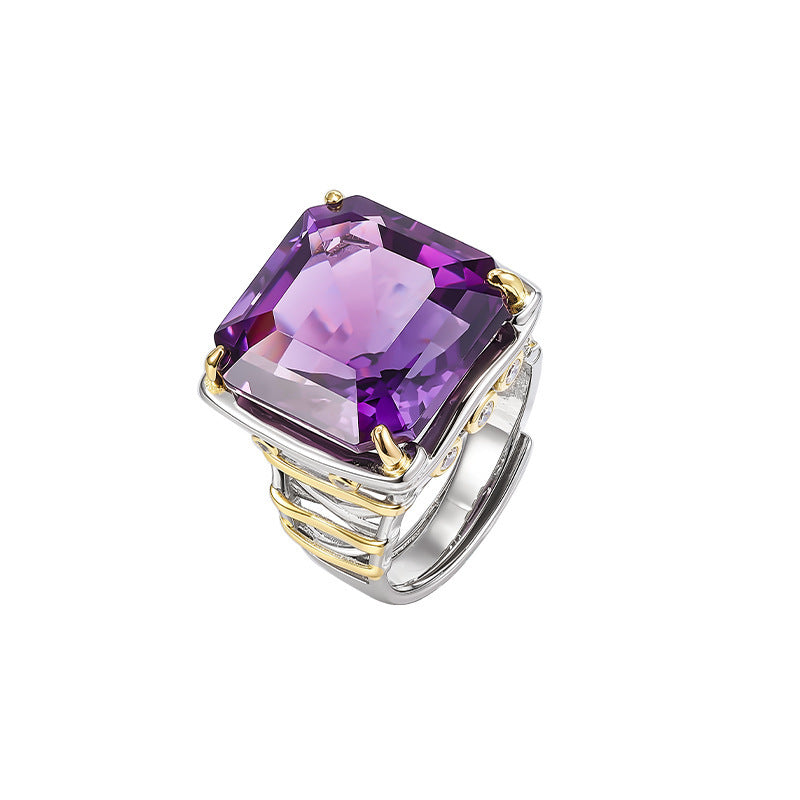 Square Citrine Ring - 925 Silver Italian Contrasting Color - Geometric Opening Ring