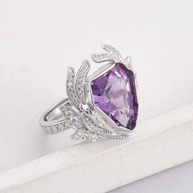 S925 silver light luxury geometric section amethyst full diamond ring niche design fashionable personality adjustable ring