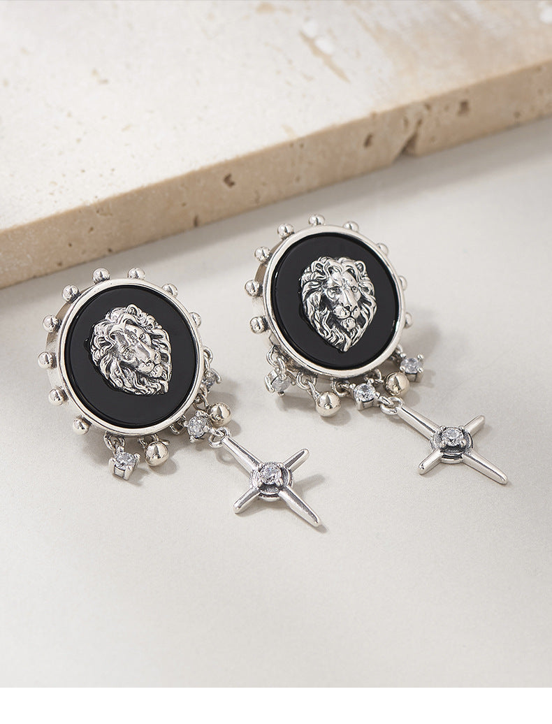 925 Sterling Silver Lion Head Black Onyx Tassel Earrings - Unisex