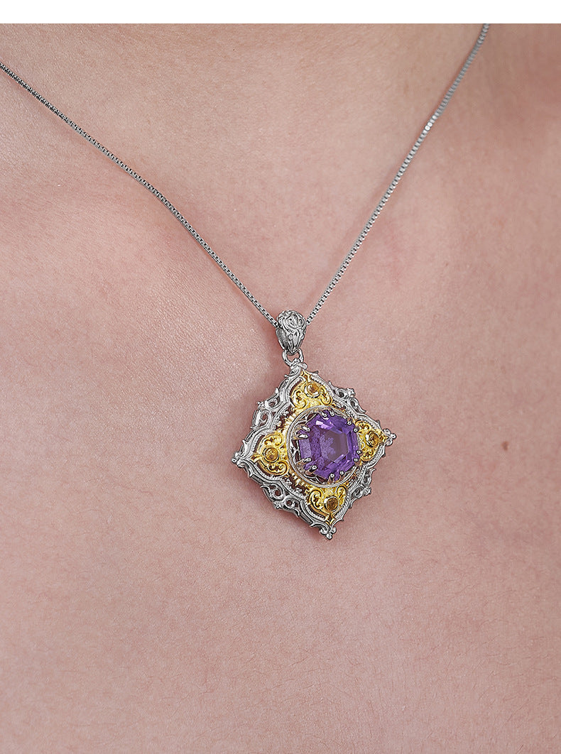 Rhombus Amethyst Pendant - 925 Silver Italian Retro Hollow Pattern - Court Style Necklace