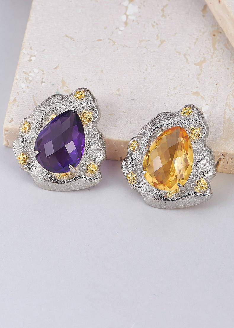 925 Sterling Silver Amethyst Flower Stud Earrings - Vintage Court Style