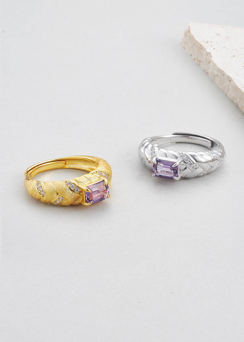 925 Sterling Silver Gold Plated Textured Amethyst Ring - Vintage Design