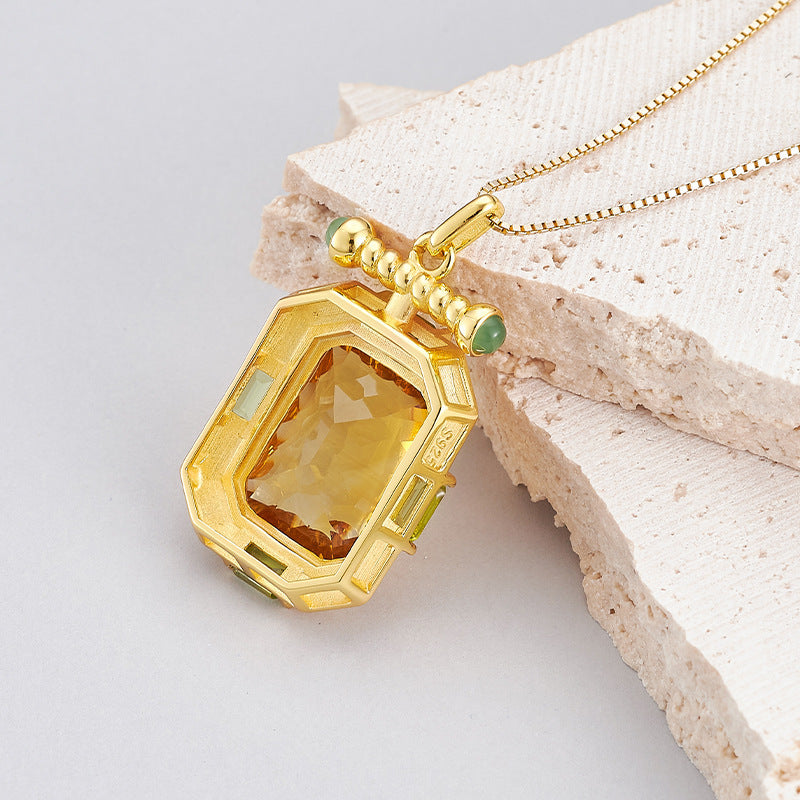 925 Sterling Silver Gold Plated Square Citrine Pendant Necklace