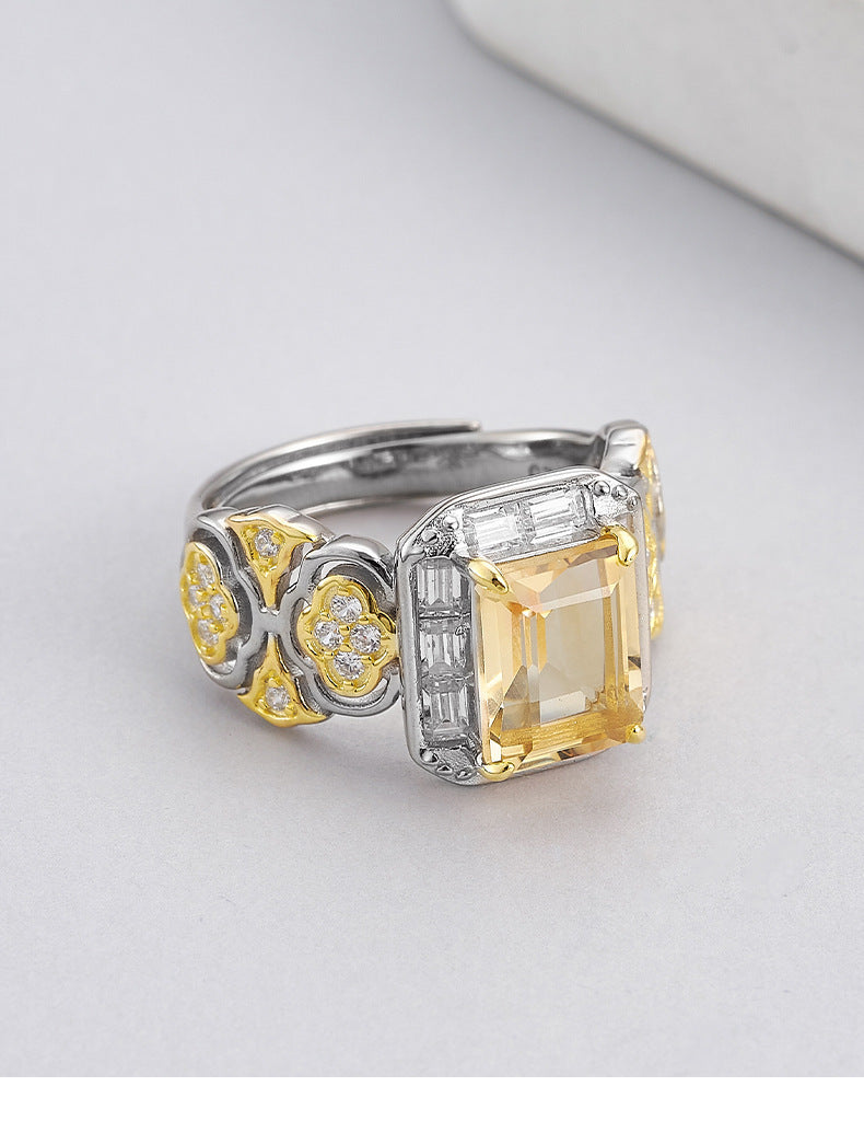 Hollow Flower Citrine Ring - 925 Silver Italian Craft - Geometric Opening Index Finger Ring
