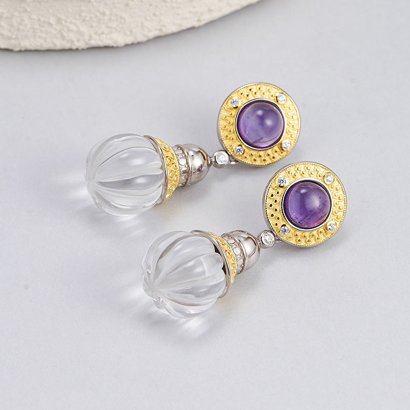 S925 silver natural crystal pumpkin bead earrings retro Italian craftsmanship temperament medieval earrings women