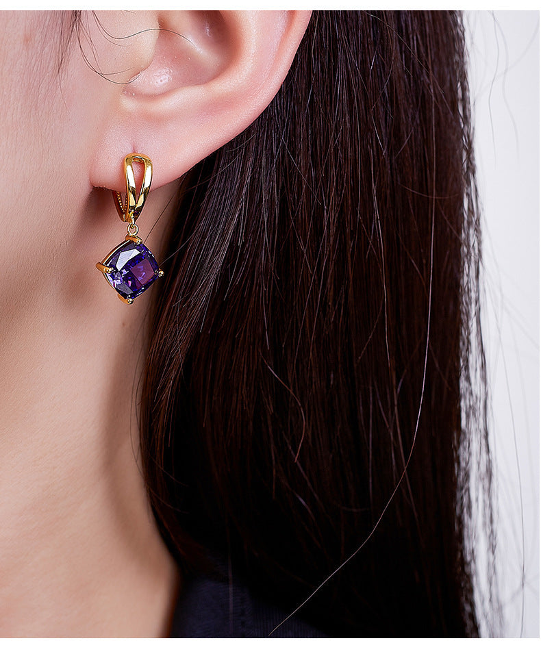 925 Sterling Silver Gold Plated Geometric Purple Stone Dangle Earrings - French Vintage