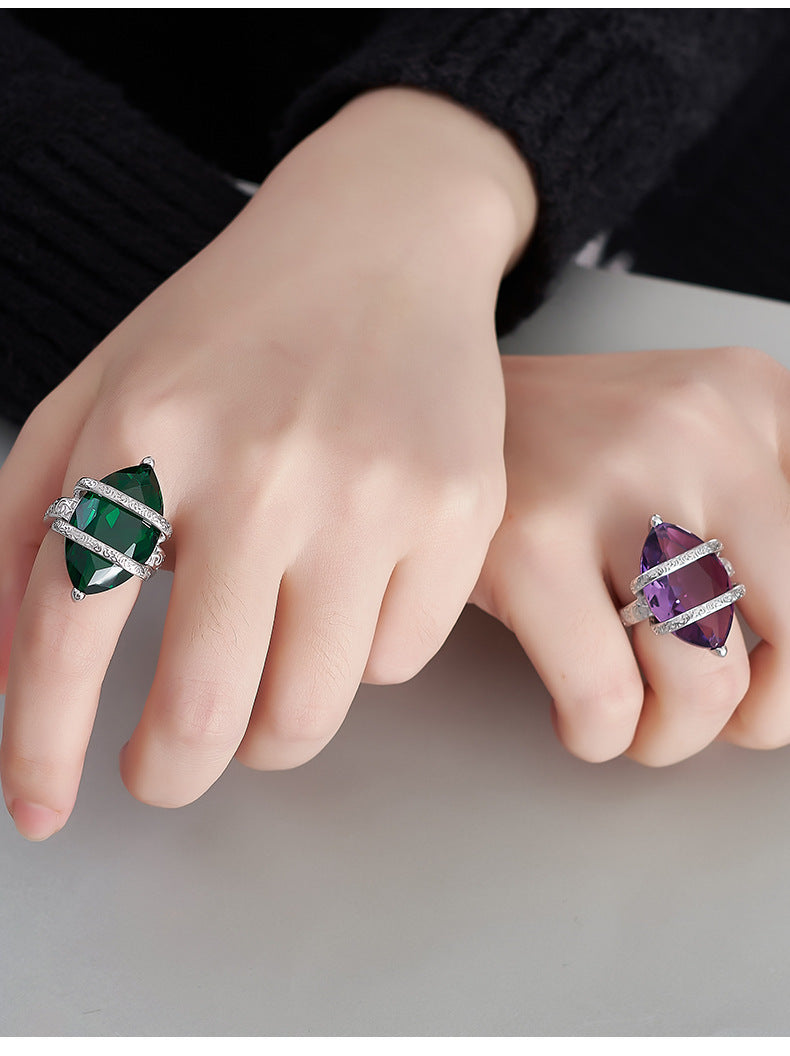 925 Sterling Silver Geometric Amethyst Open Ring