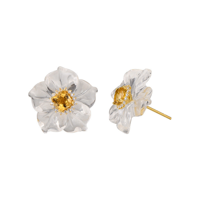 3D Flower Crystal Stud Earrings - 925 Silver Camellia Design - Citrine Accents