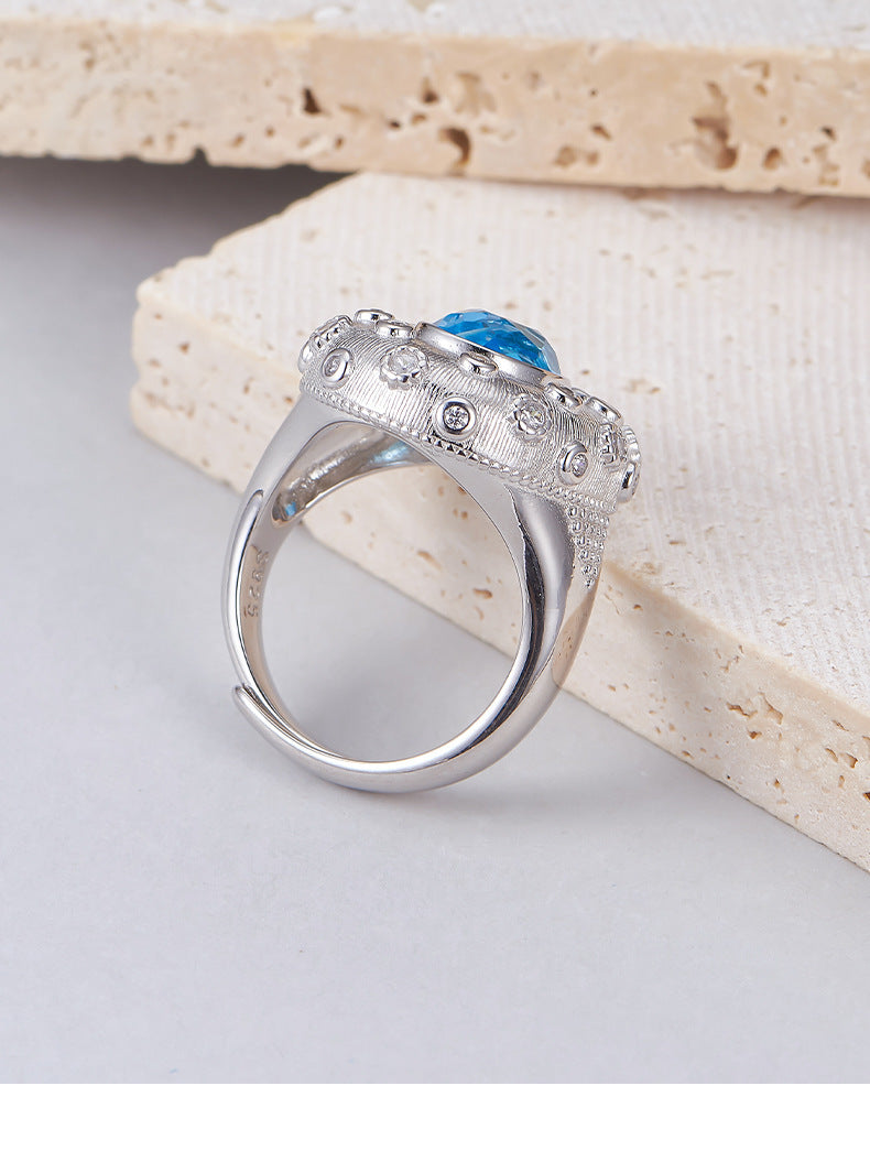 925 Sterling Silver Brushed Oval Topaz Ring with Crystals - Court Style Open Ring