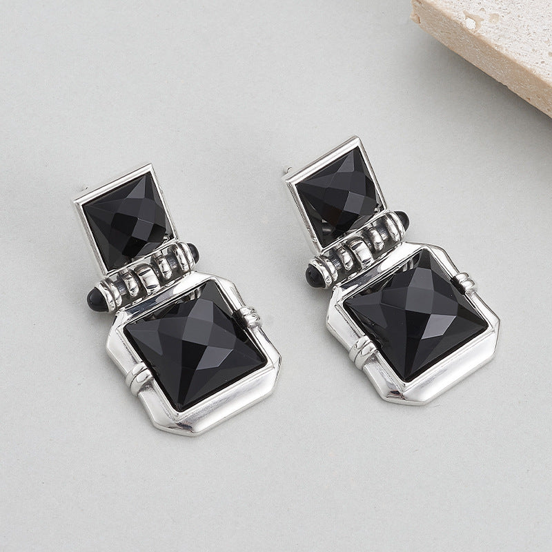 925 Sterling Silver Square Faceted Black Onyx Stud Earrings