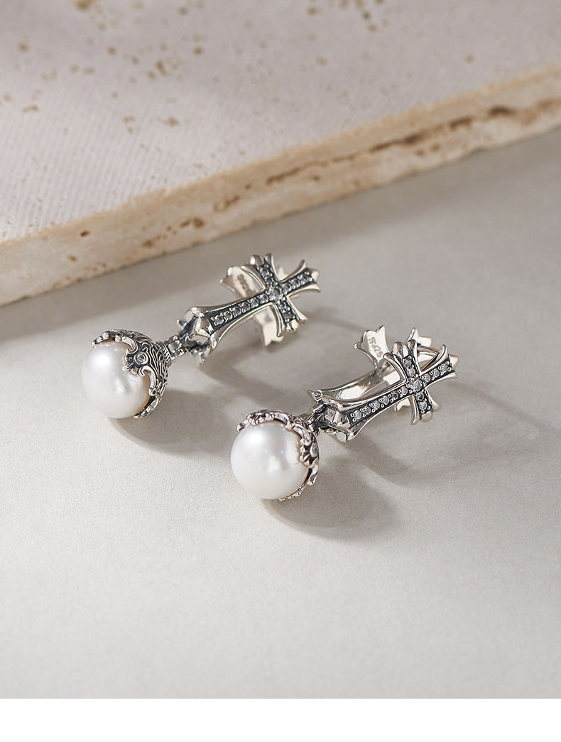 Vintage Inspired Pearl Cross Earrings - Sterling Silver Arabesque Detail - Unisex Clip-On Elegance