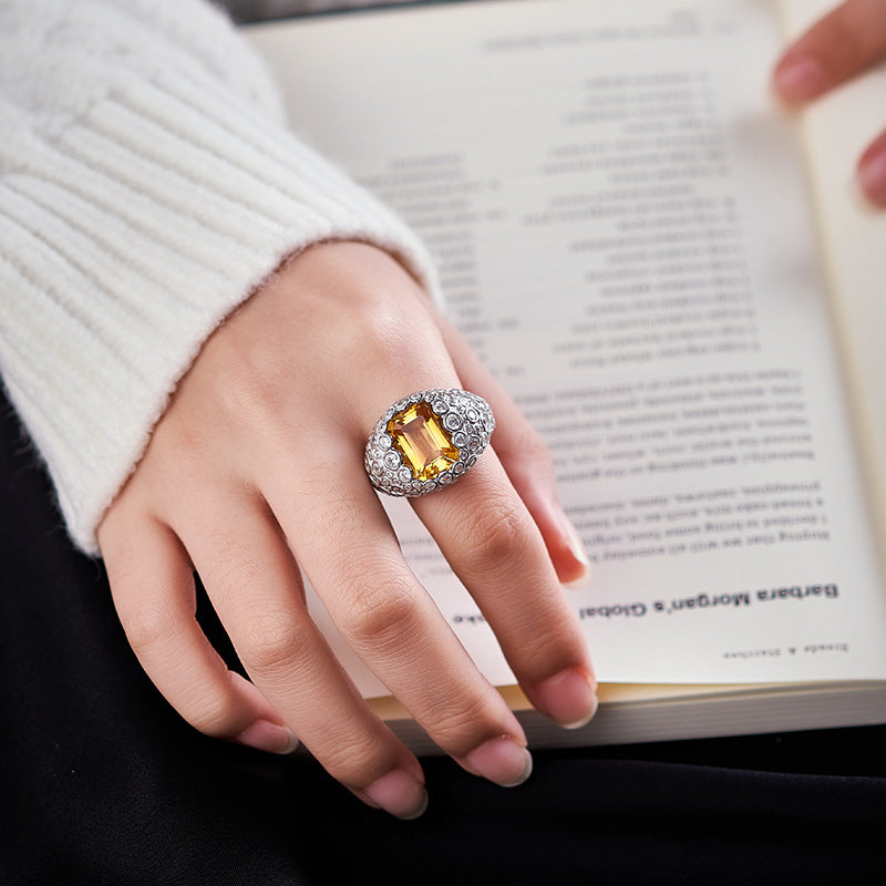 S925 silver super flash full diamond natural citrine ring heavy industry personalized design open index finger ring