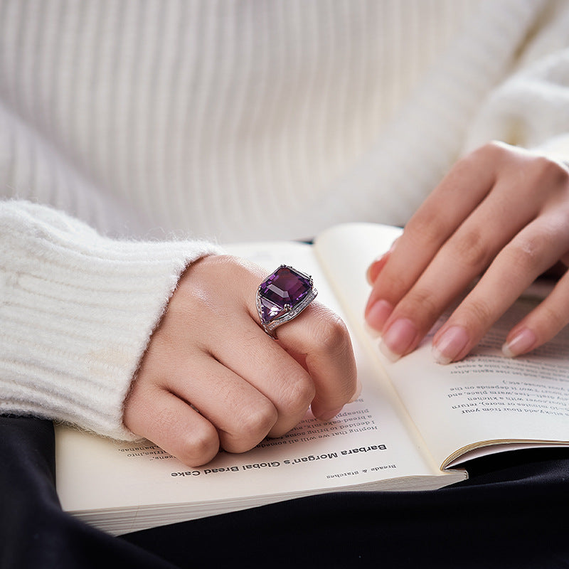 Natural Amethyst Geometric Ring - 925 Silver Flash Diamond - Statement Index Finger Ring