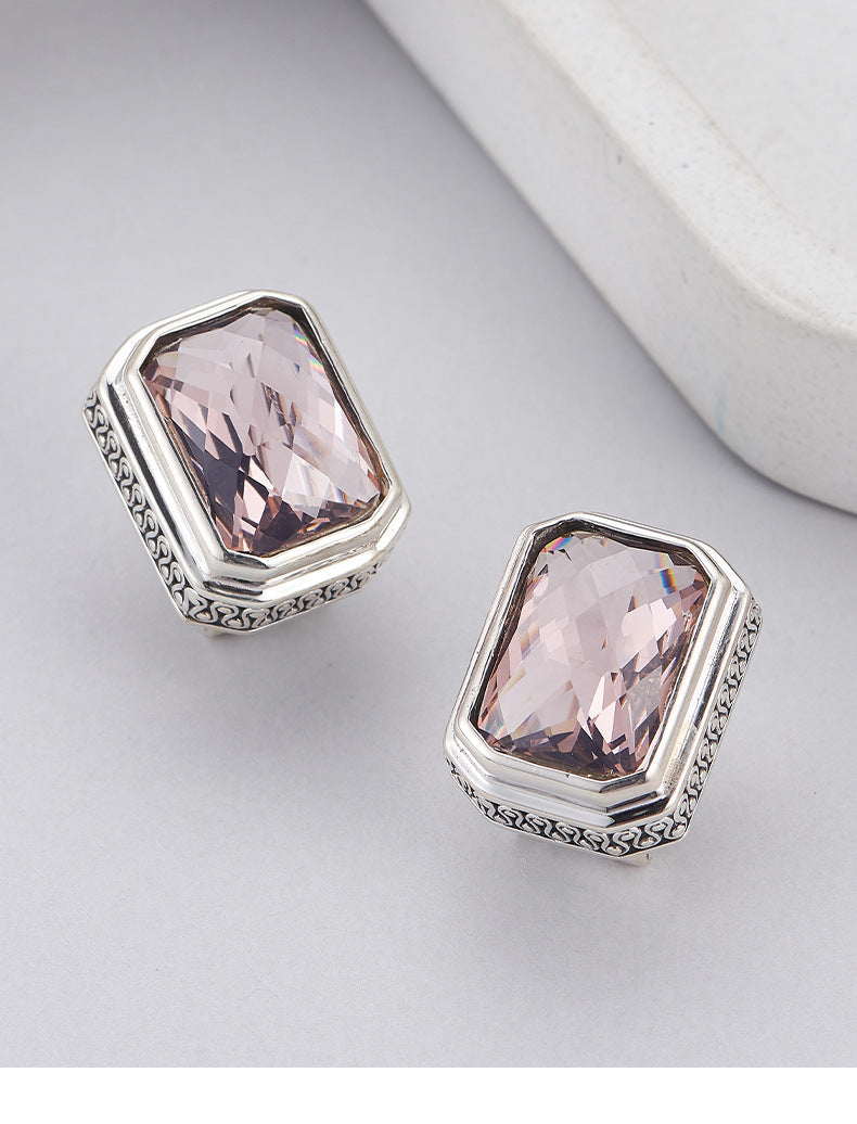S925 Sterling Silver Morganite Square earrings rings Pendant Necklace Set