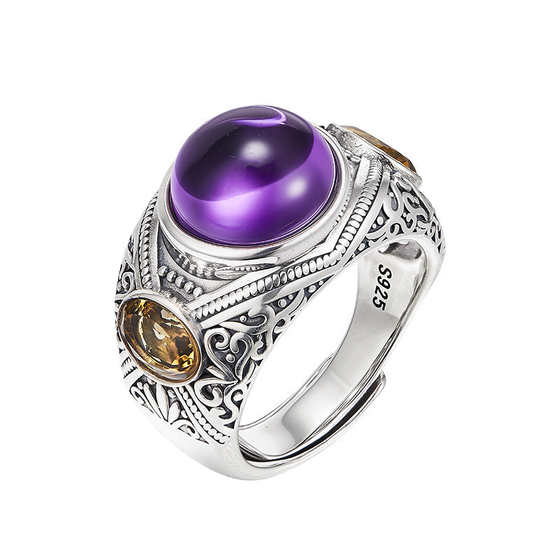 925 Silver Amethyst Adjustable Ring - Floral Vintage Design