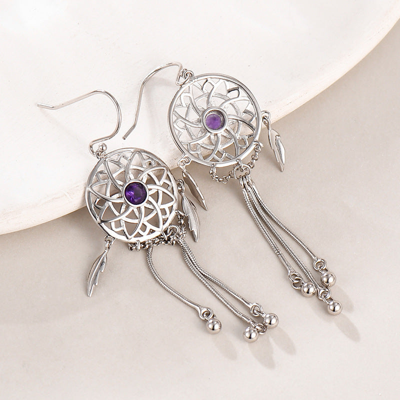 925 Sterling Silver Dreamcatcher Tassel Dangle Earrings - Bohemian Design