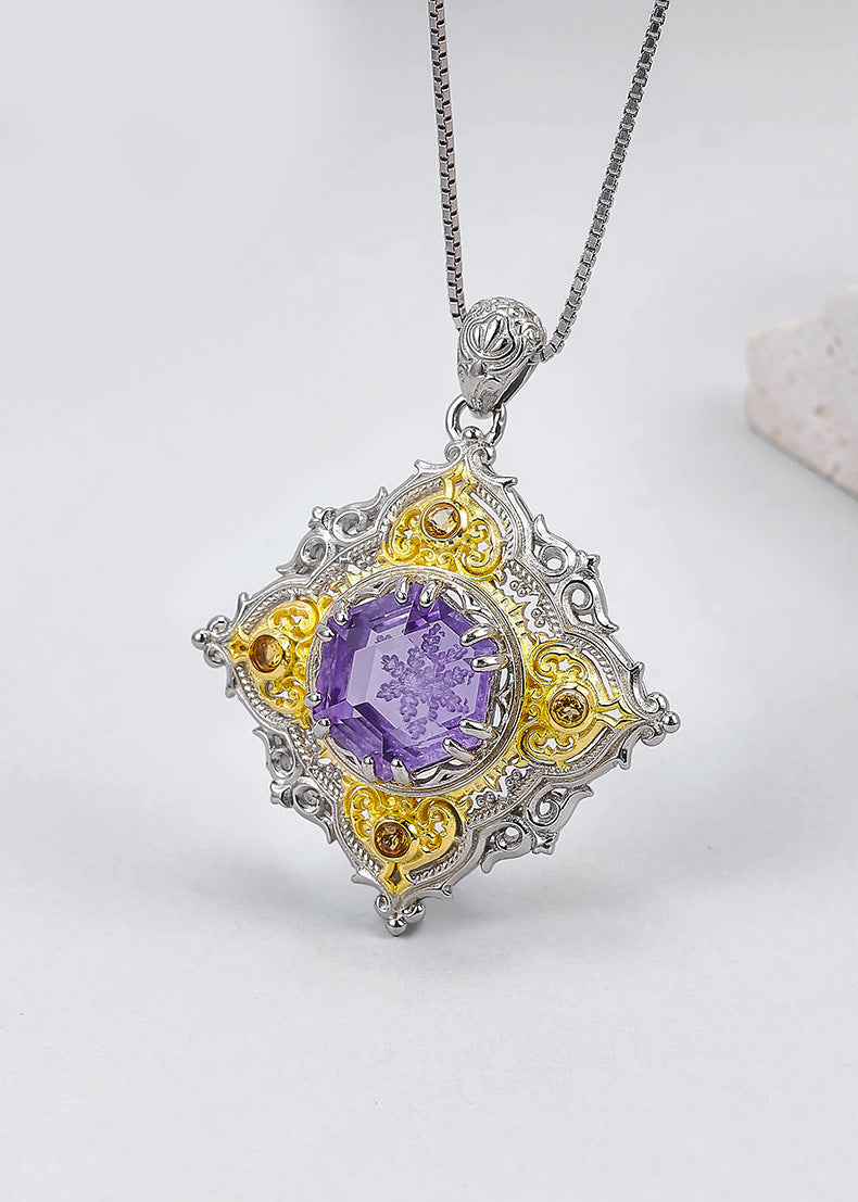 Rhombus Amethyst Pendant - 925 Silver Italian Retro Hollow Pattern - Court Style Necklace