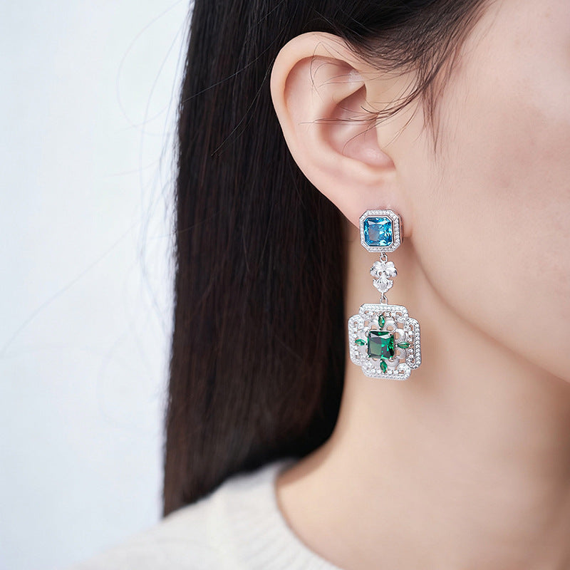 S925 silver long stud earrings retro synthetic emerald geometric high-end temperament earrings