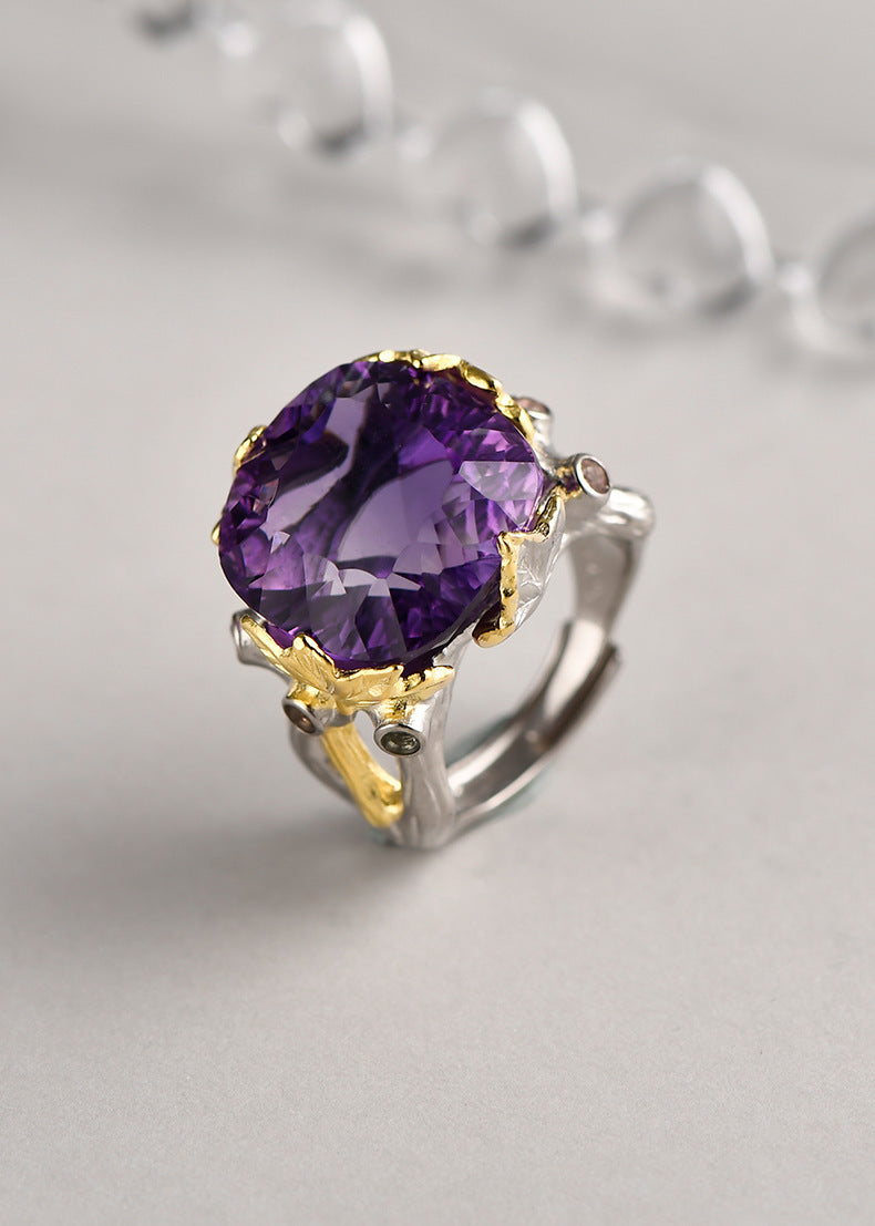 Retro Court Amethyst Ring - 925 Silver Gold-Plated Weave - Heavy Industry Statement Ring
