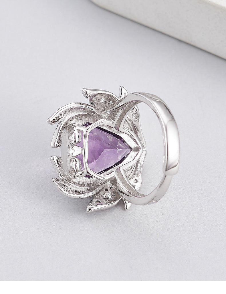 S925 silver light luxury geometric section amethyst full diamond ring niche design fashionable personality adjustable ring