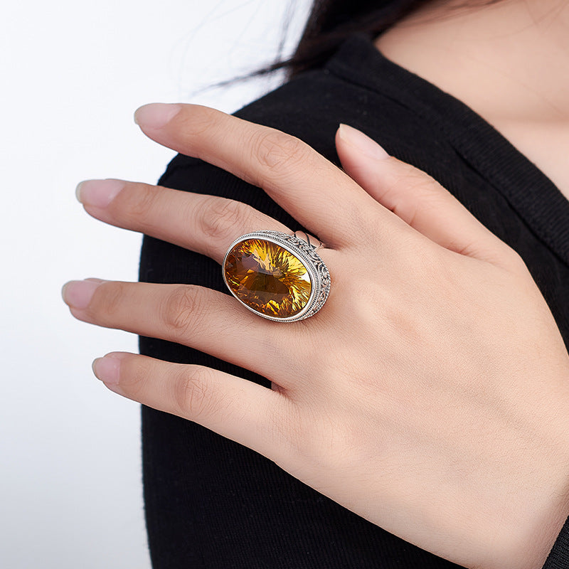 Exaggerated Oval Citrine Ring - 925 Silver Retro Pattern - Unisex Statement Ring
