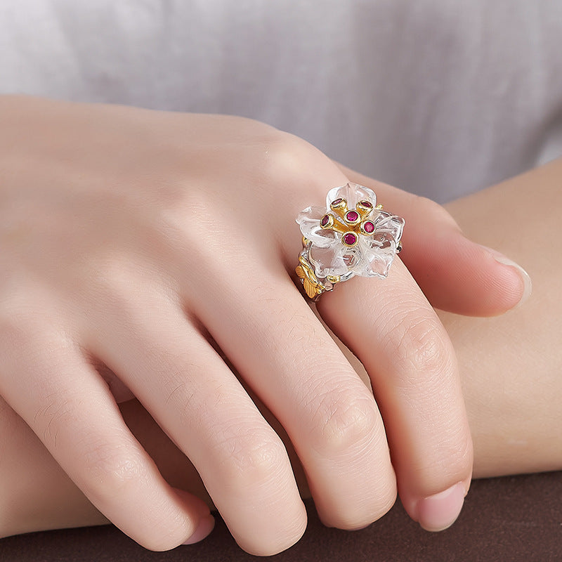Floral White Quartz & Ruby Ring - 925 Sterling Silver Adjustable Band with Gemstone Accents