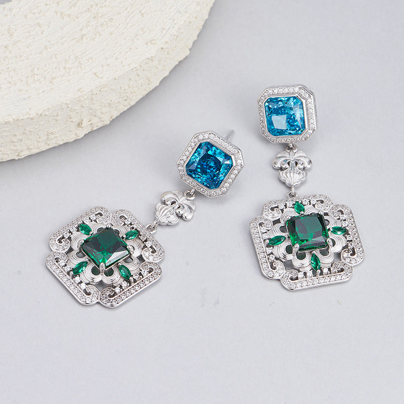 S925 silver long stud earrings retro synthetic emerald geometric high-end temperament earrings