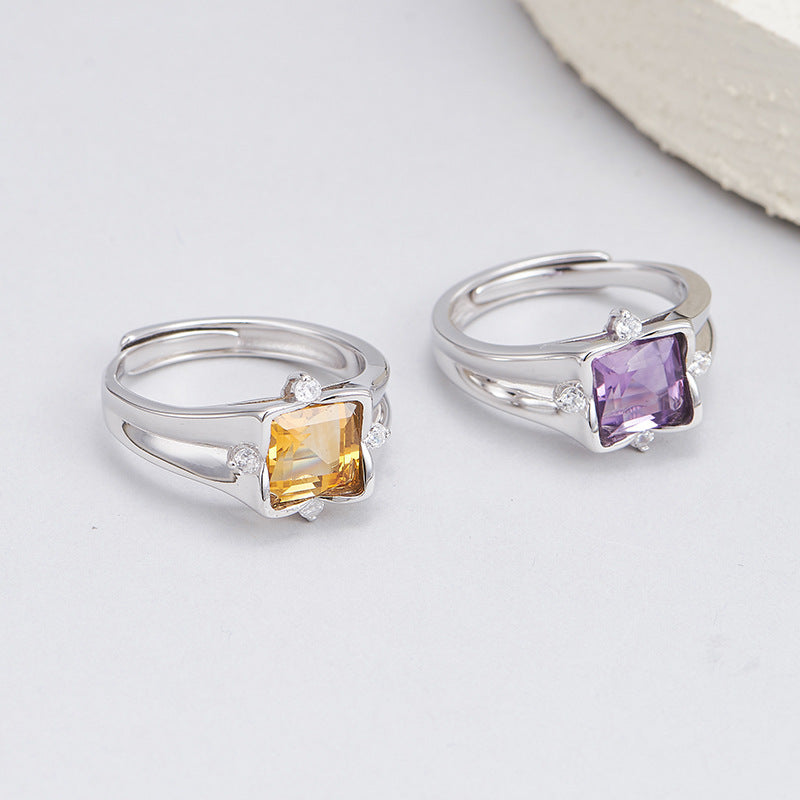 S925 silver natural crystal square ring fashionable versatile niche design adjustable index finger ring women