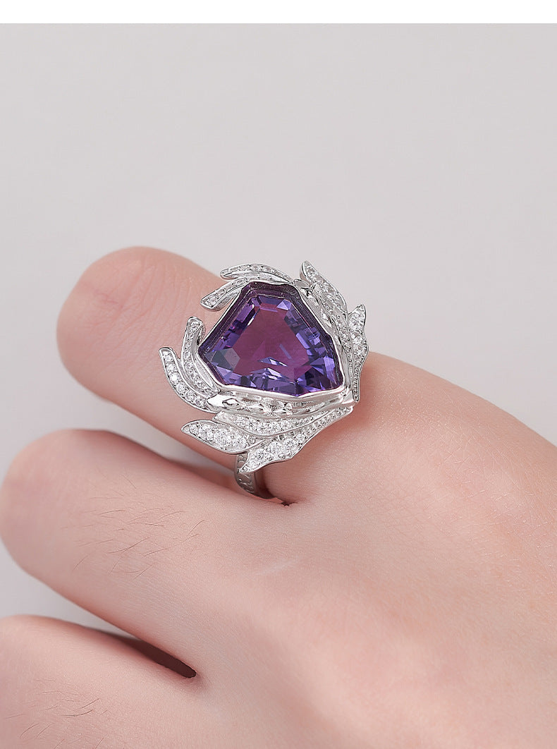 S925 silver light luxury geometric section amethyst full diamond ring niche design fashionable personality adjustable ring