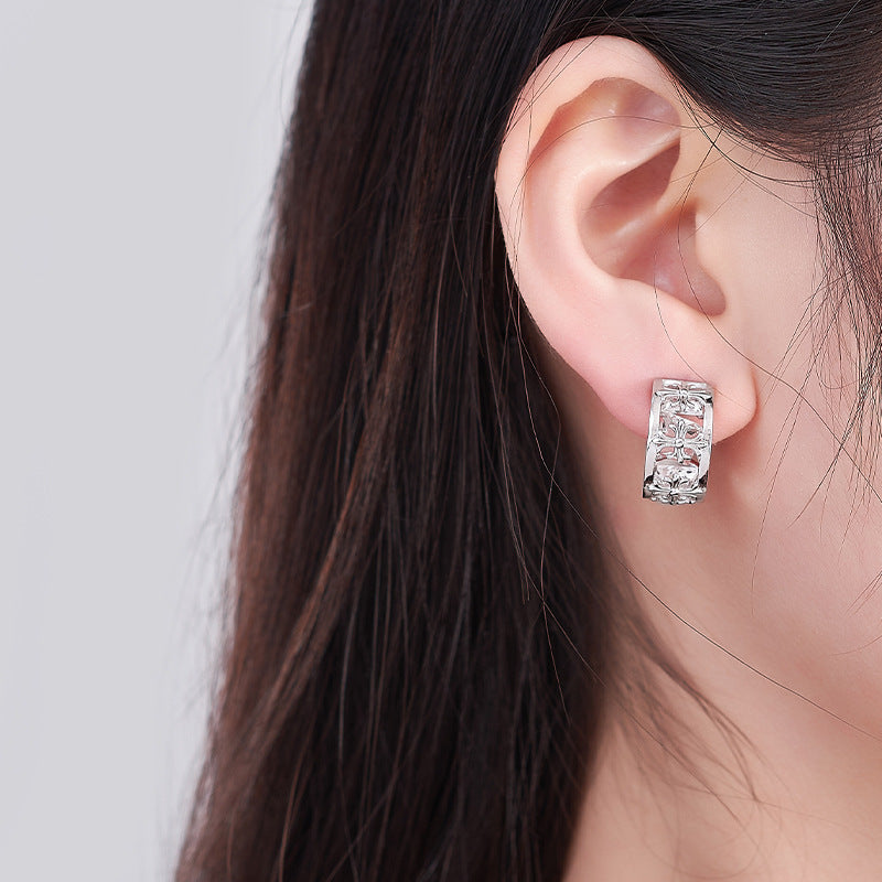 925 Sterling Silver Cross Pattern C-Shape Crystal Stud Earrings