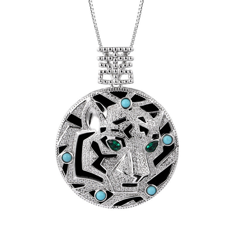 925 Sterling Silver Leopard Black Onyx Pendant Necklace - Statement Design