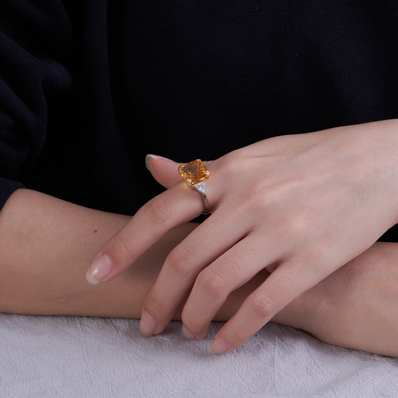 Sugar Cube Citrine Ring - 925 Silver Cut Diamond - Light Luxury Opening Ring