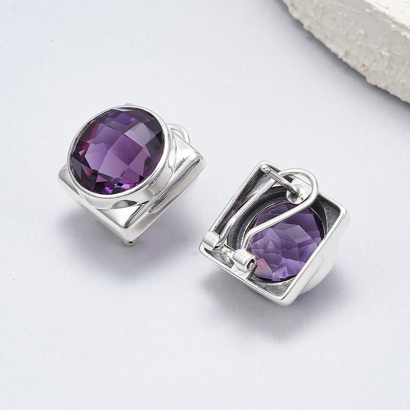 925 Sterling Silver Faceted Amethyst Geometric Hoop Earrings Set