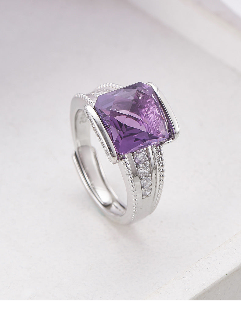 Faceted Amethyst Square Ring - 925 Sterling Silver Adjustable Open Band with Citrine Accents