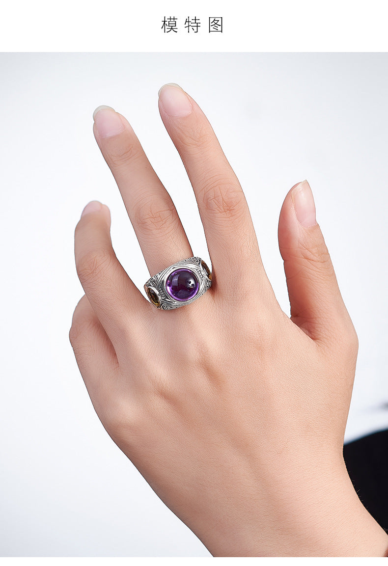 925 Silver Amethyst Adjustable Ring - Floral Vintage Design
