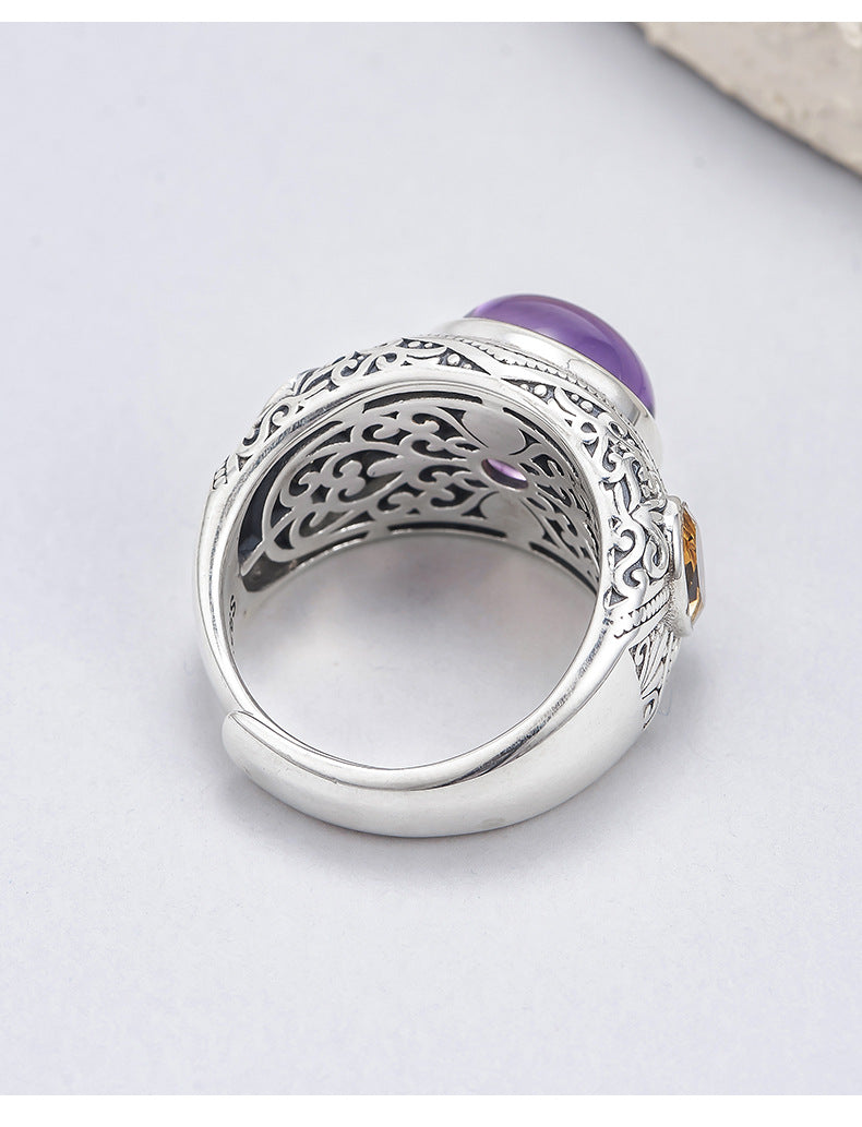 925 Silver Amethyst Adjustable Ring - Floral Vintage Design