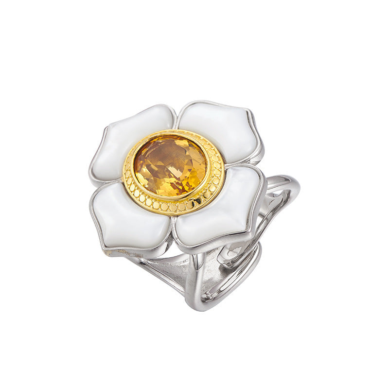 925 Sterling Silver White Shell Camellia Citrine Adjustable Ring