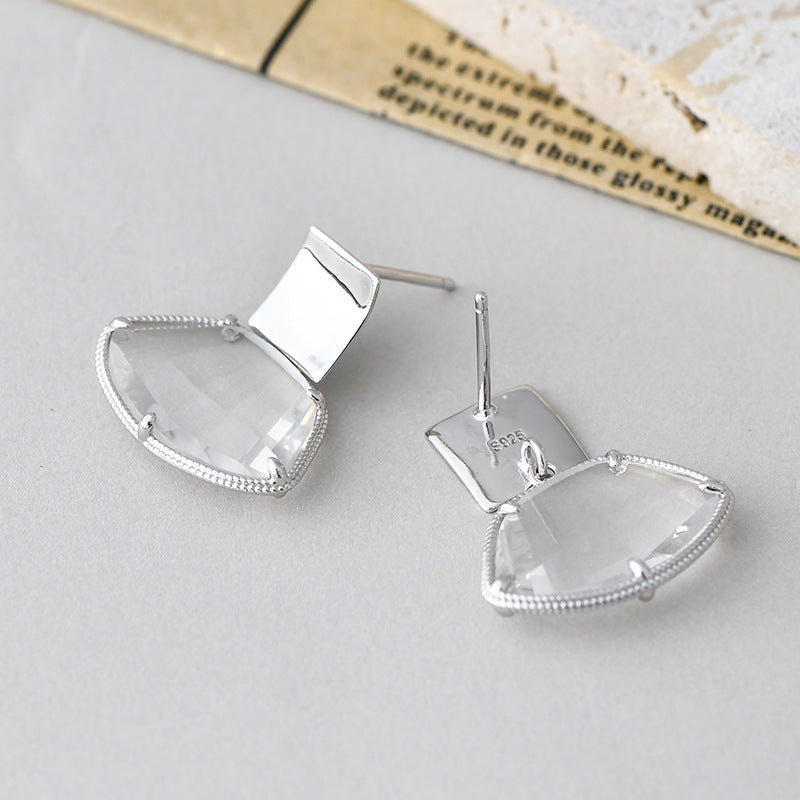 Fan-Shaped White Quartz Stud Earrings - 925 Sterling Silver Bezel Set Minimalist Design