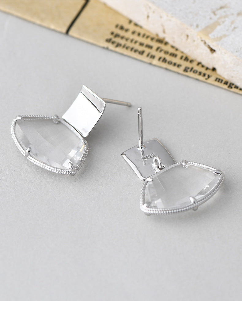 Fan-Shaped White Quartz Stud Earrings - 925 Sterling Silver Bezel Set Minimalist Design