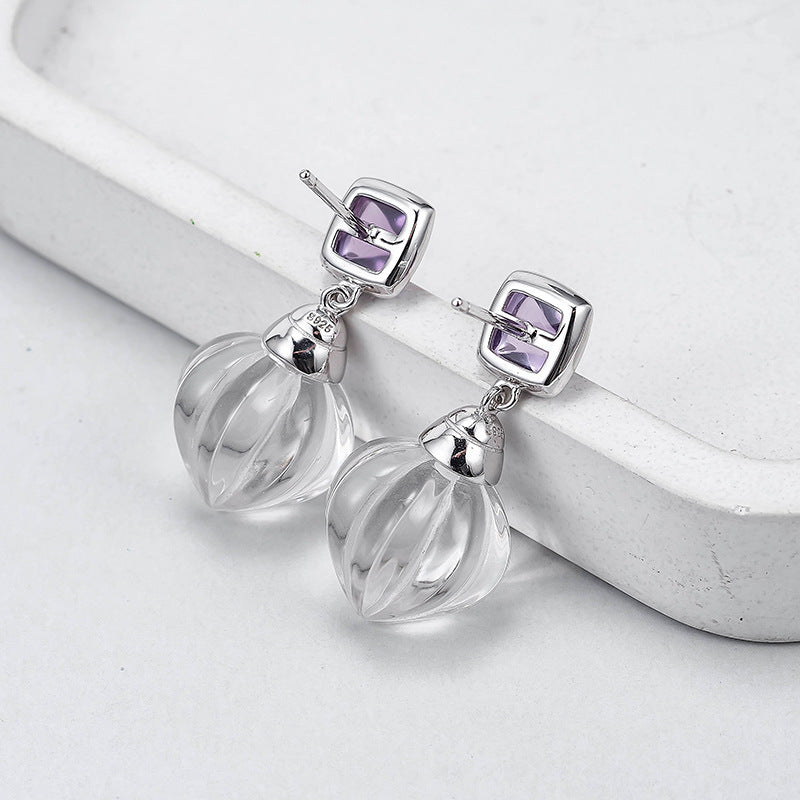 Pumpkin Bead Crystal Stud Earrings - 925 Sterling Silver with White Quartz & Amethyst