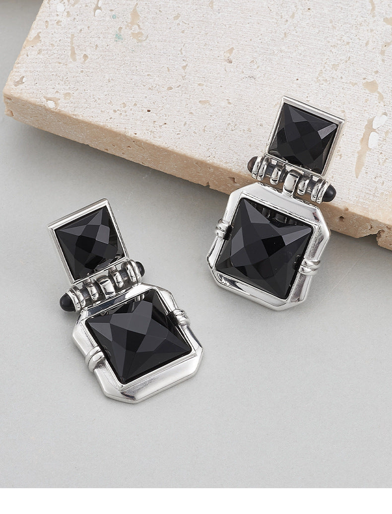 925 Sterling Silver Square Faceted Black Onyx Stud Earrings