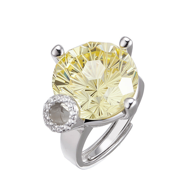 S925 silver light luxury niche design cutting surface round green crystal open ring versatile woman