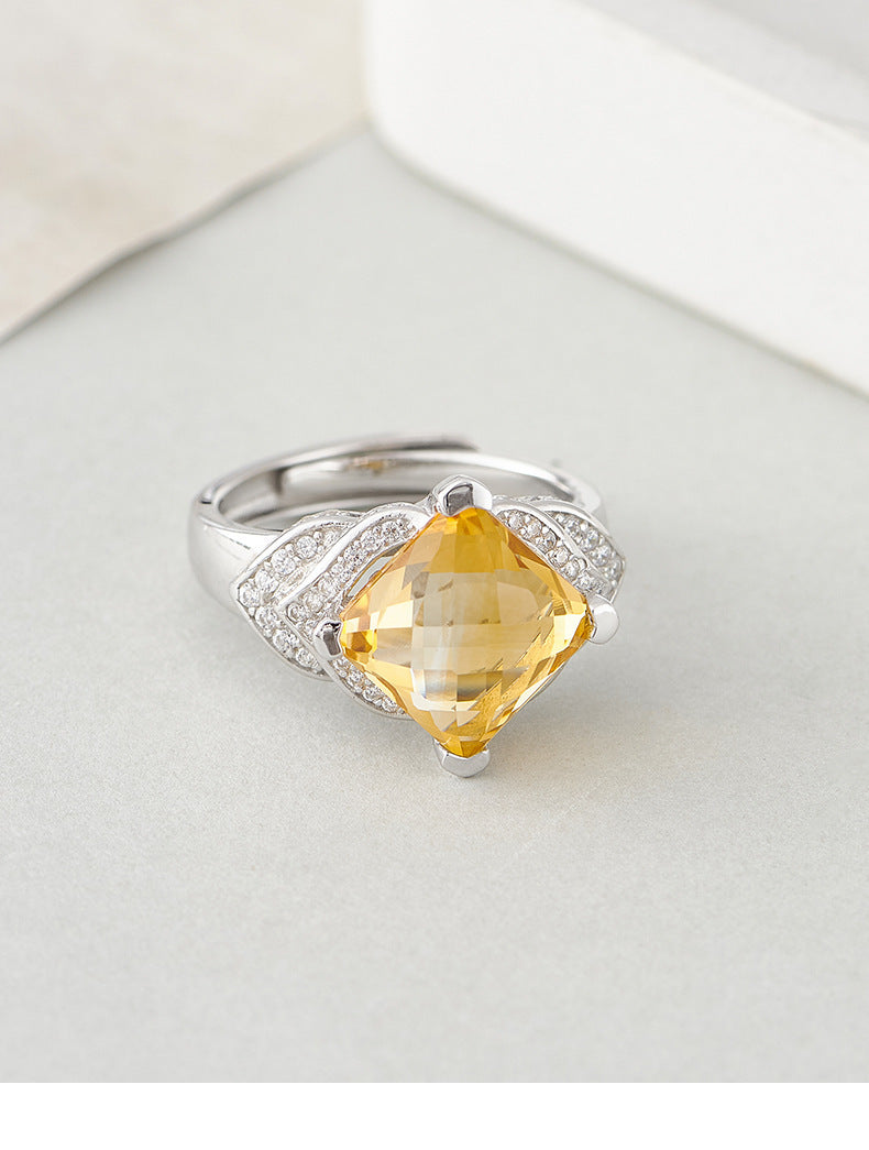 Diamond-Cut Citrine Geometric Ring - Bezel Set in a Fully Adorned 925 Silver Adjustable Band