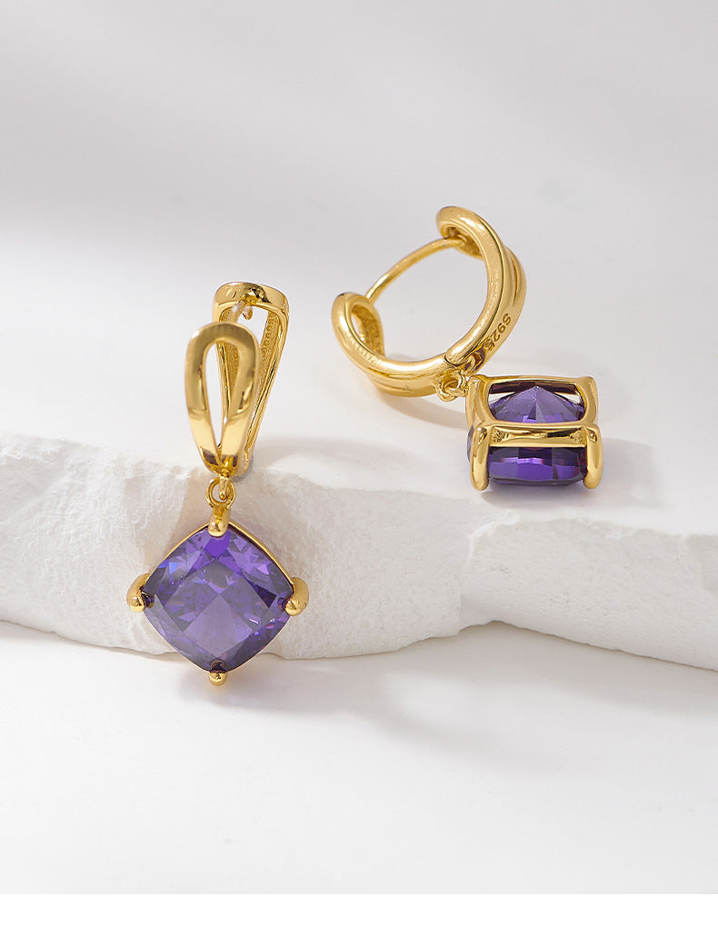 925 Sterling Silver Gold Plated Geometric Purple Stone Dangle Earrings - French Vintage
